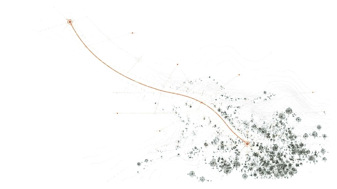 Survey-style drawing of the 250 kilometre route between Mirpurkhas and Karachi, with dense tree cover at the Mirpurkhas end thinning to empty ground at the Karachi end