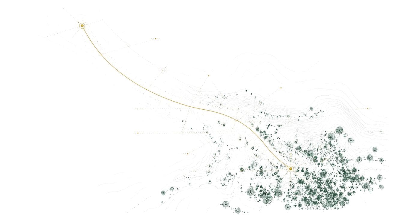 Survey-style drawing of the 250 kilometre route between Mirpurkhas and Karachi, with dense tree cover at the Mirpurkhas end thinning to empty ground at the Karachi end