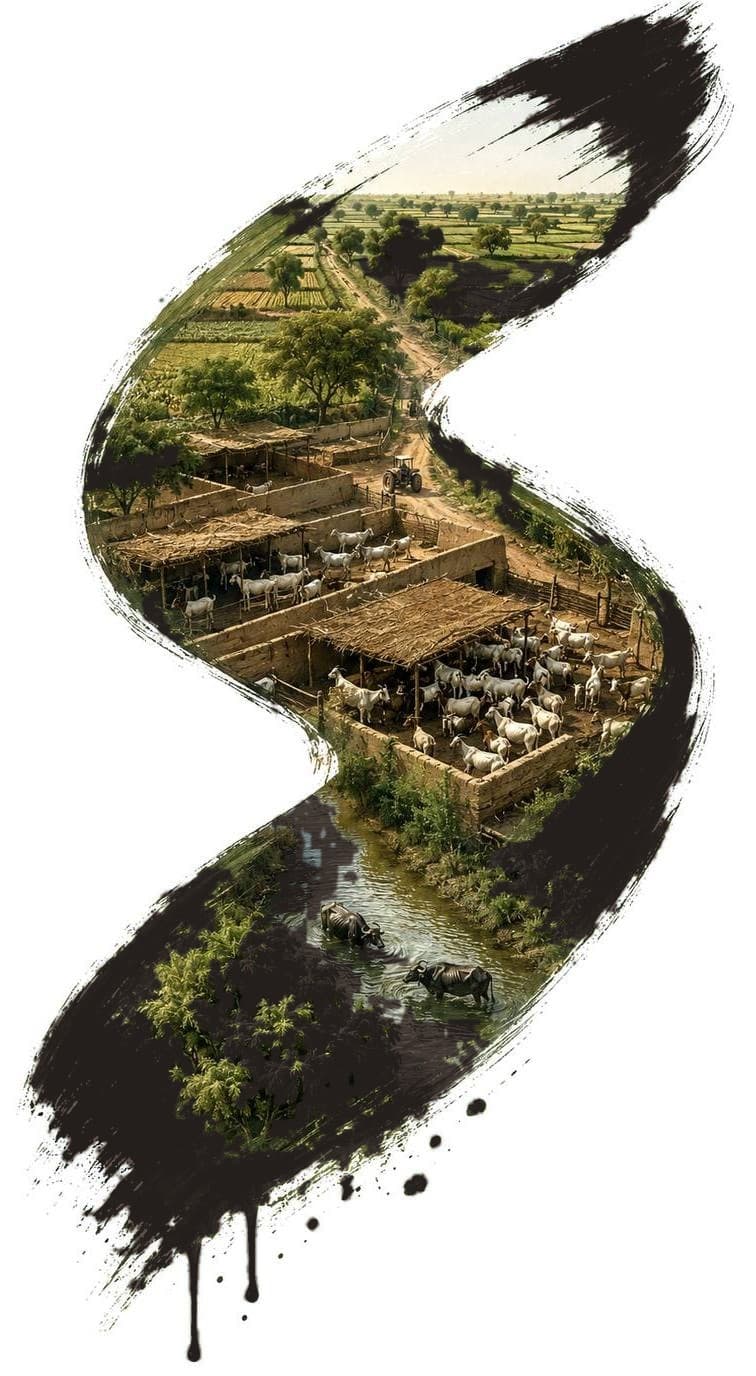 Illustration of the farm — pens, goats, buffalo in the water channel and a canal cutting through the fields — held inside a single green brushstroke